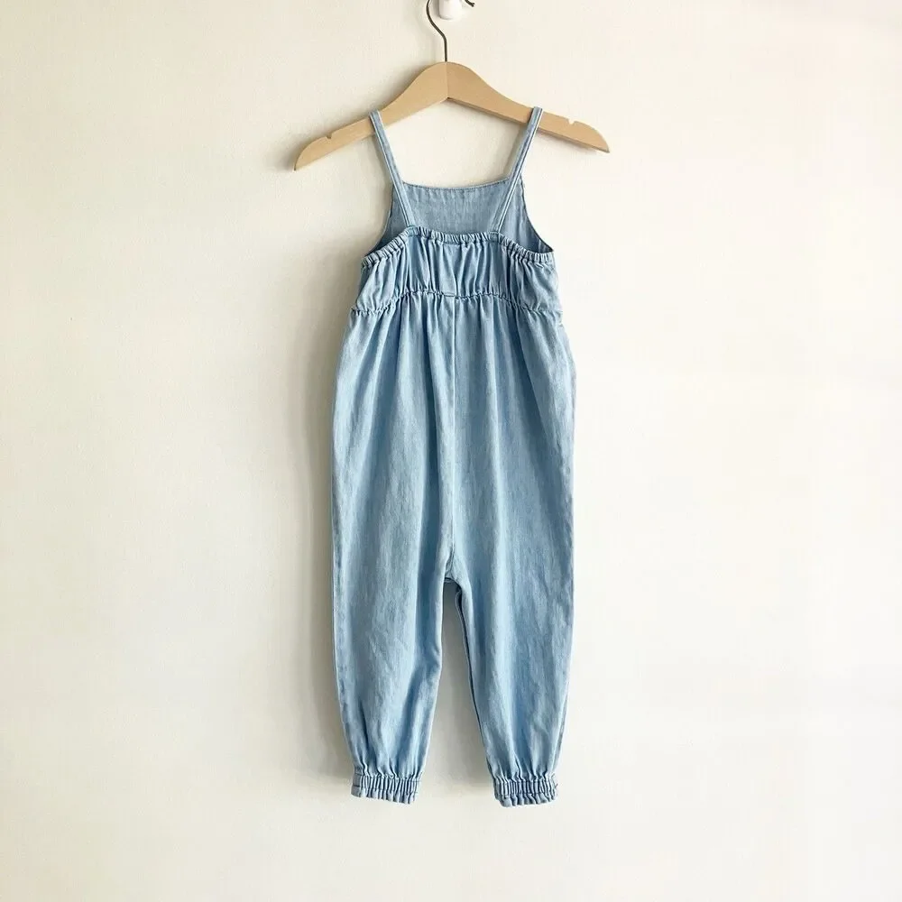 Old Navy Chambray Jumpsuit Baby Girl 18-24M Blue Sleeveless Ric Rac 4th of July